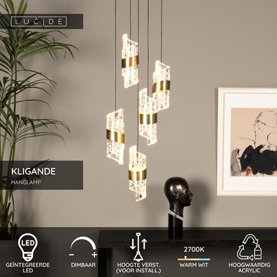 Lucide KLIGANDE - Hanglamp - Ø 30 cm - LED Dimb. - 5x8W 2700K - Mat Goud / Messing